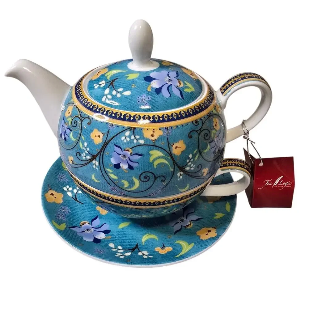 NWB Tea Logic Tea for One Floral Teapot Cup Saucer Set Blue Porcelain